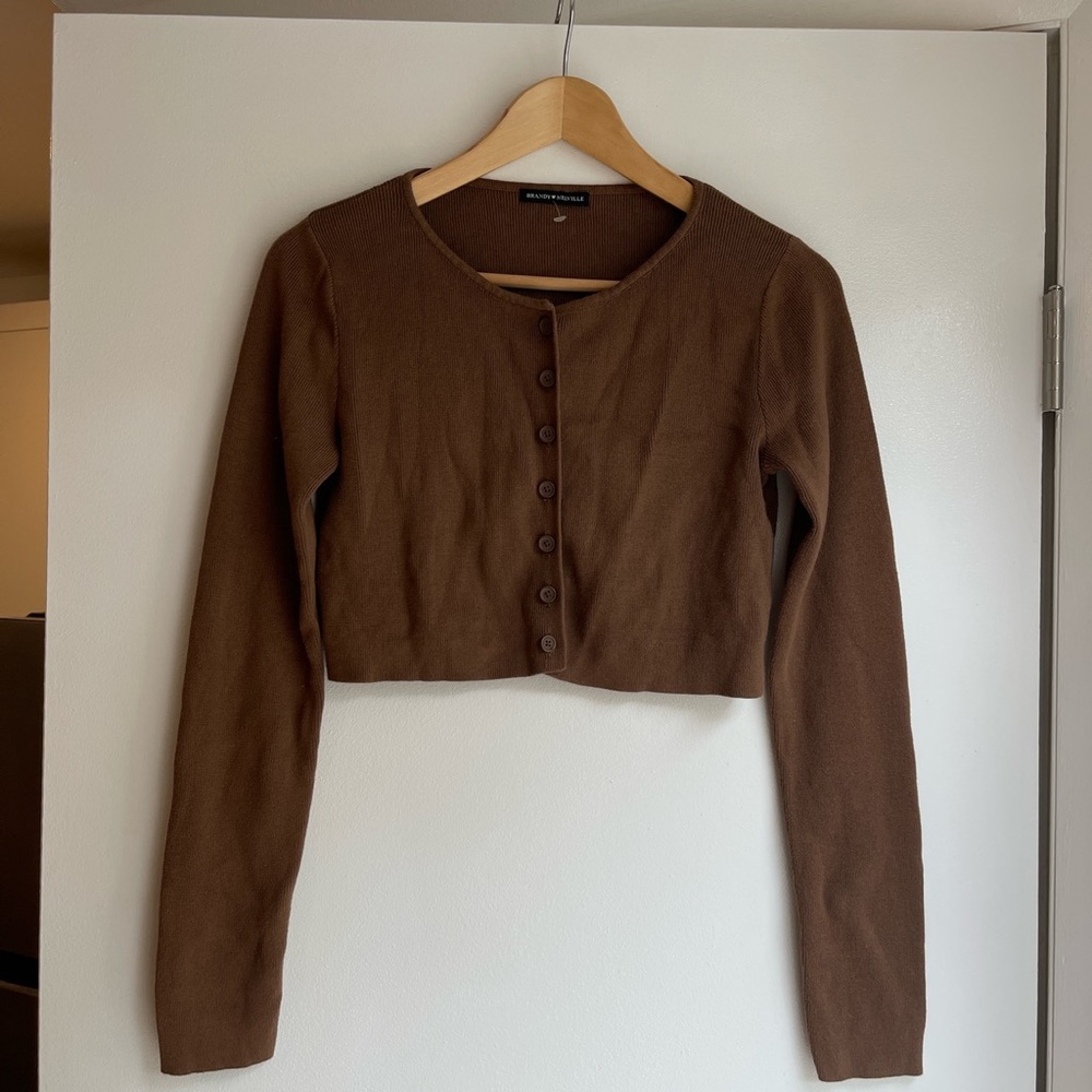 Brandy Melville Athelia Ribbed Cropped Cardigan in brown